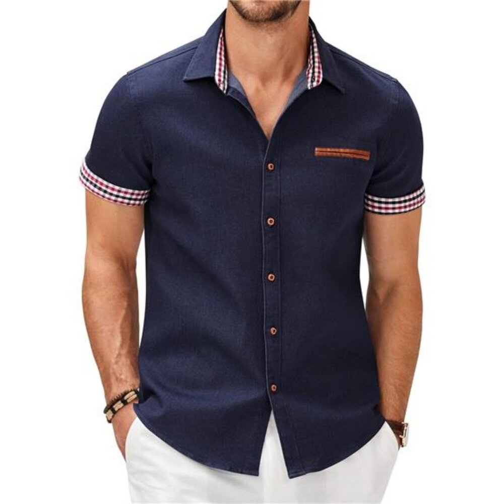 Men's Casual Cotton Short Sleeve Button Down Dress Shirt Plaid Collar